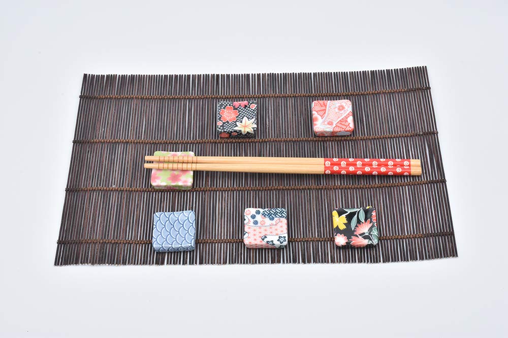 GSHOPVV 6 Pcs Square Japanese Pattern Set Ceramic Chopsticks Rest Spoon Fork Knife Holder Rack