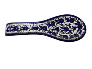 bethlehem gifts tm 10" armenian ceramic hand-painted cooking spoon rest ladle holder (blue flowers)