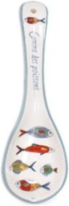 nautical white ceramic spoon rest with colorful fish design - comme de poisson - 9.25"
