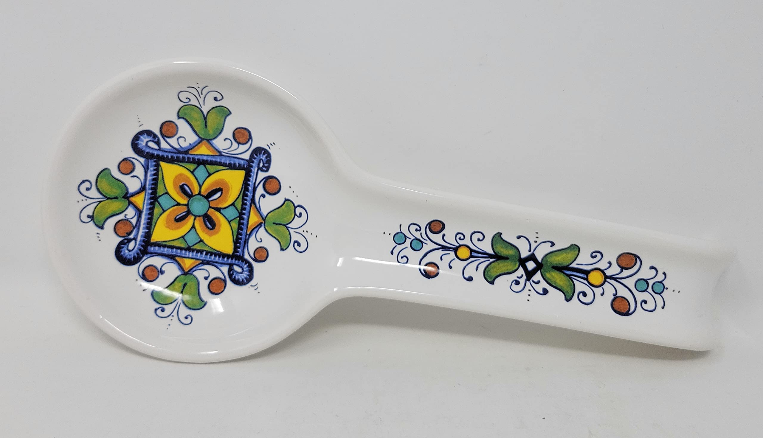 Nova Deruta Spoon Rest, Yellow Flower, Green Yellow Tulip Floral, Spirals, Made in Italy, Italian Exclusively Handcrafted Earthenware for Sur La Table, Deruta Region Artwork, 11.5" x 5"