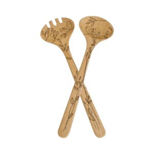 talisman designs laser etched beechwood salad serving set | nature design | fork & spoon serving set | cute & functional kitchen tool | small wooden utensils