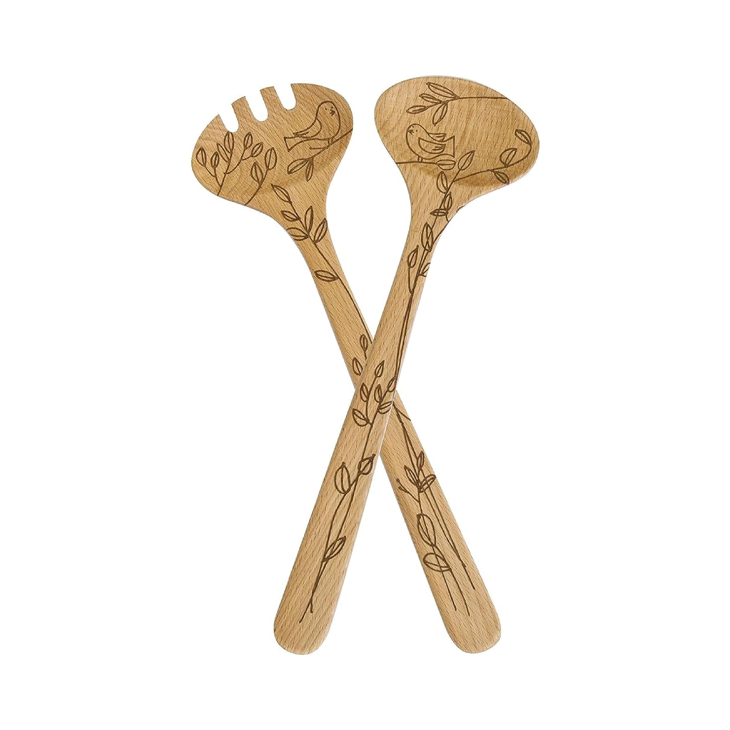 Talisman Designs Laser Etched Beechwood Salad Serving Set | Nature Design | Fork & Spoon Serving Set | Cute & Functional Kitchen Tool | Small Wooden Utensils