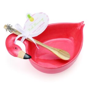 two's company flamingo dish with acacia wood spoon-ceramic/wood, , pink