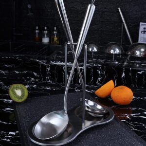 Anller Stainless Steel Standing Spoon Rest with two resting Dishes, Double Spoon Racks, Upright Ladle Holder, Silver