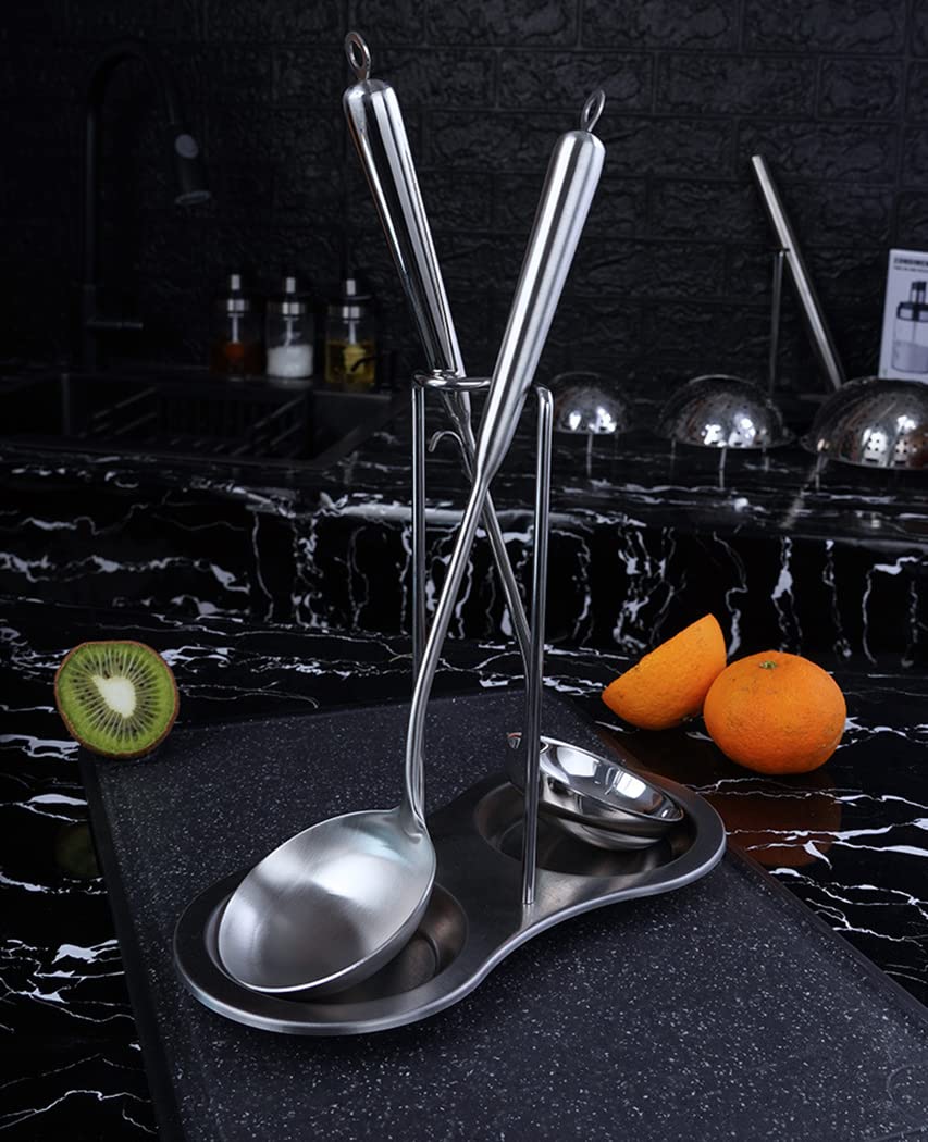 Anller Stainless Steel Standing Spoon Rest with two resting Dishes, Double Spoon Racks, Upright Ladle Holder, Silver