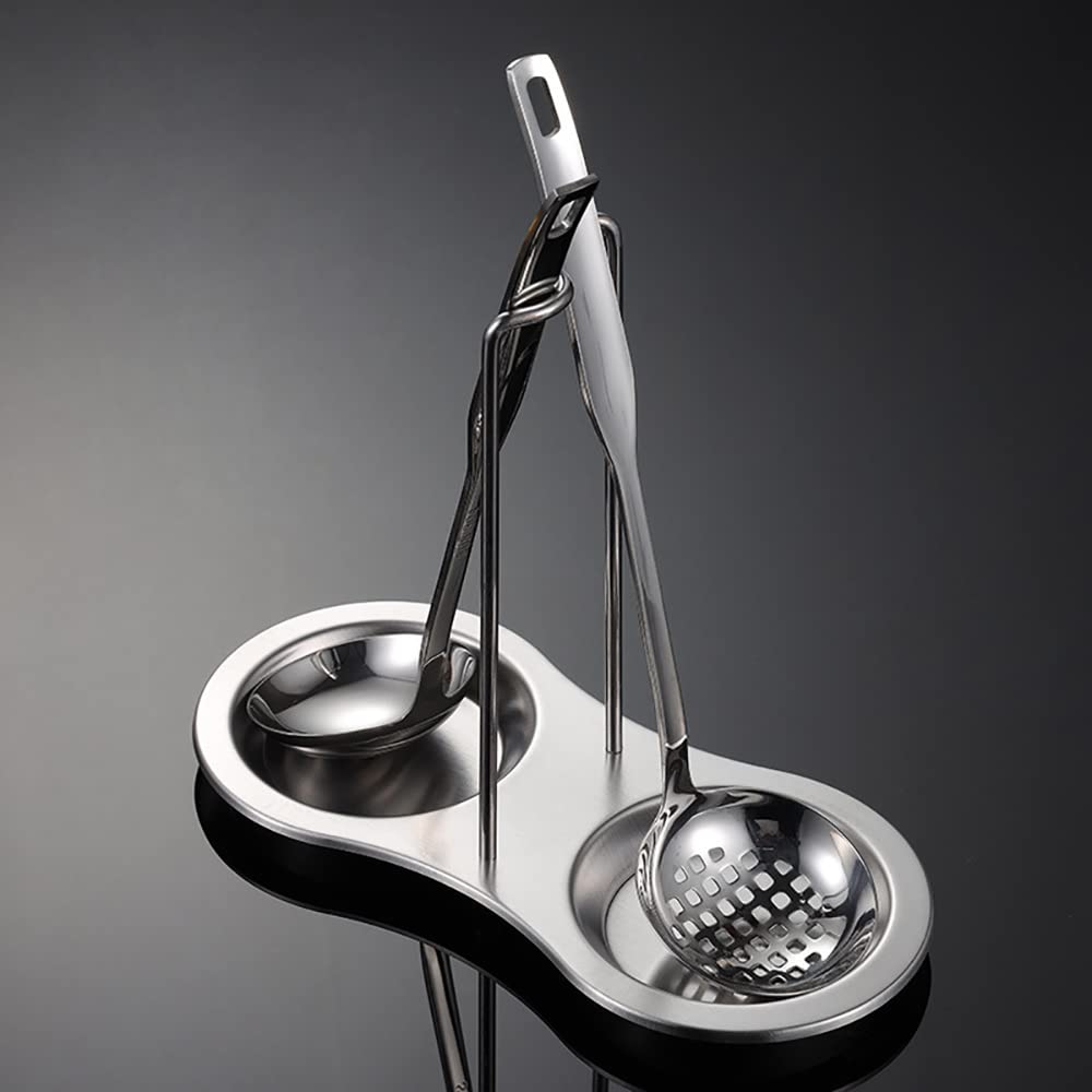 Anller Stainless Steel Standing Spoon Rest with two resting Dishes, Double Spoon Racks, Upright Ladle Holder, Silver