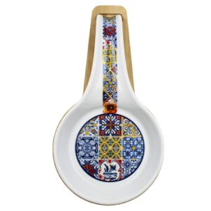 portugal tile azulejo themed spoon rest with wooden base - various colors (red)