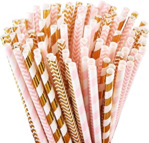 alink biodegradable paper straws, 100 pink straws/gold straws for party supplies, birthday, wedding, bridal/baby shower, christmas decorations and holiday celebrations