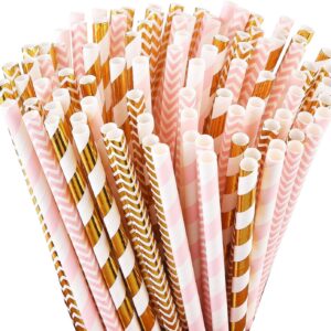 ALINK Biodegradable Paper Straws, 100 Pink Straws/Gold Straws for Party Supplies, Birthday, Wedding, Bridal/Baby Shower, Christmas Decorations and Holiday Celebrations