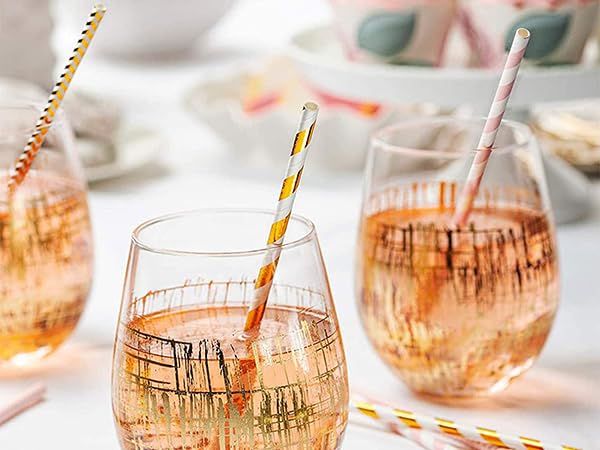 ALINK Biodegradable Paper Straws, 100 Pink Straws/Gold Straws for Party Supplies, Birthday, Wedding, Bridal/Baby Shower, Christmas Decorations and Holiday Celebrations