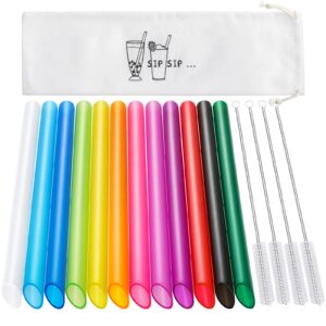 angled tips, 12 pcs wide reusable boba straws with 4 brushes & 1 bag - multi colors jumbo smoothie straws, bpa-free plastic for bubble tea (tapioca, boba pearls), milkshakes.