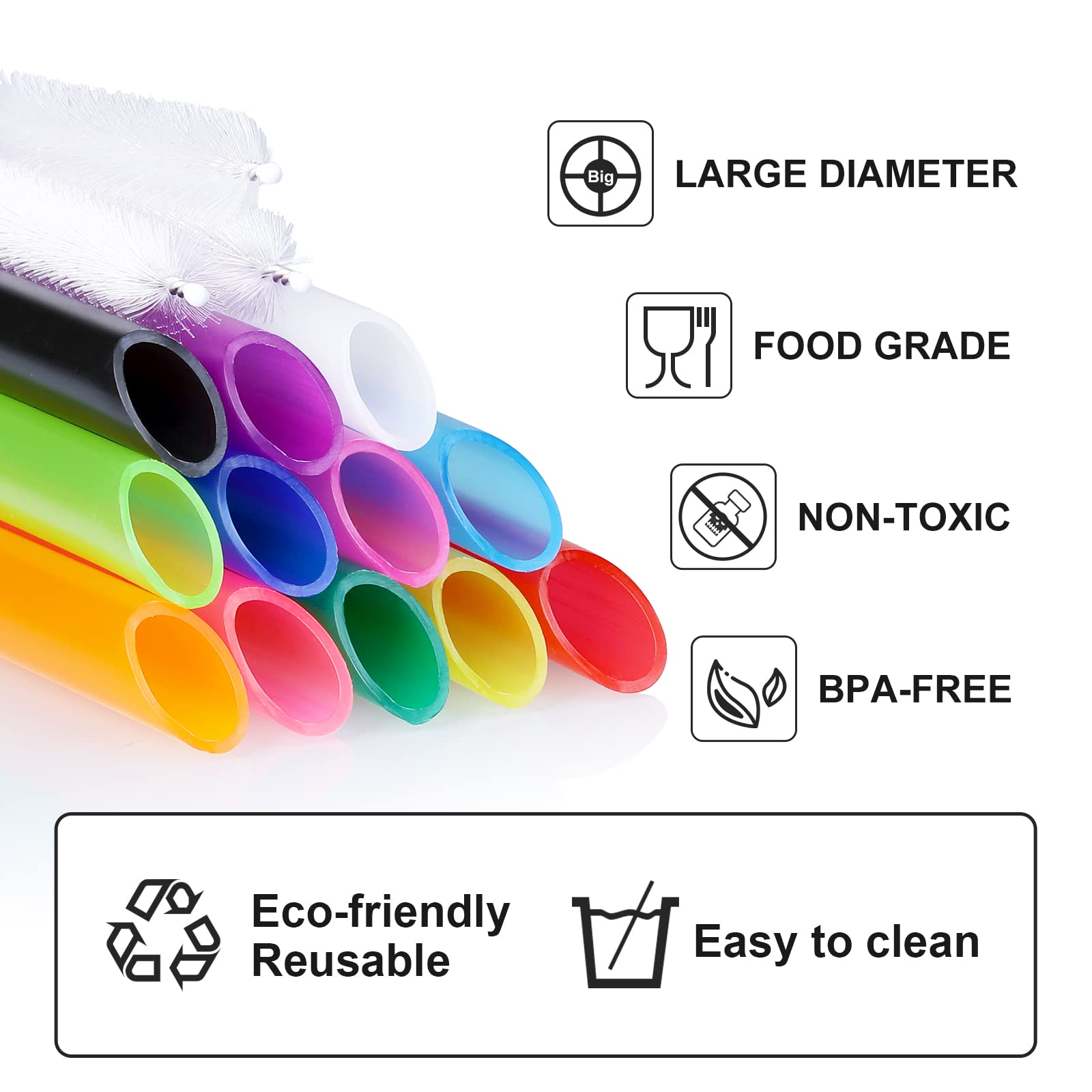 Angled Tips, 12 Pcs Wide Reusable Boba Straws with 4 Brushes & 1 Bag - Multi Colors Jumbo Smoothie Straws, BPA-Free Plastic for Bubble Tea (Tapioca, Boba Pearls), Milkshakes.