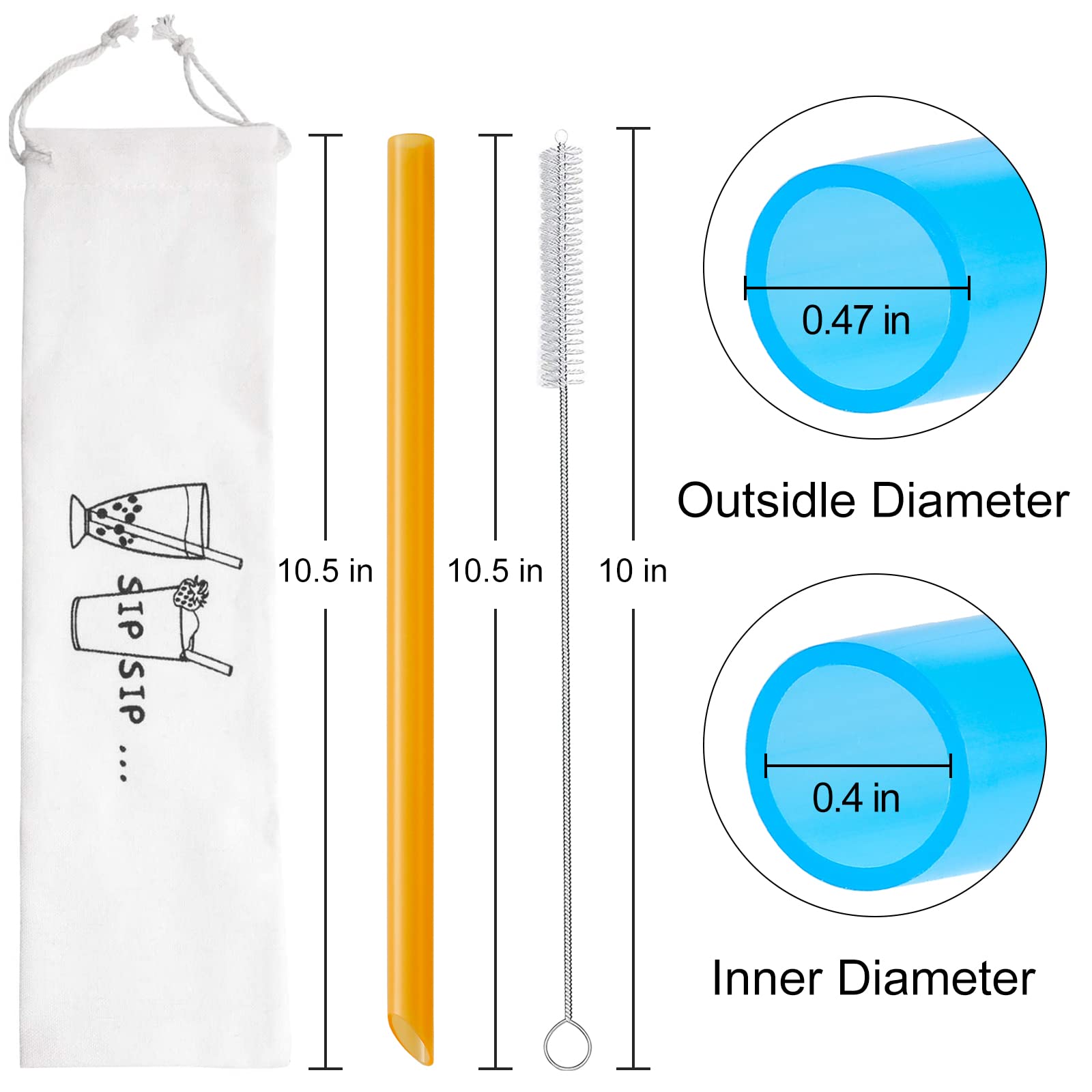 Angled Tips, 12 Pcs Wide Reusable Boba Straws with 4 Brushes & 1 Bag - Multi Colors Jumbo Smoothie Straws, BPA-Free Plastic for Bubble Tea (Tapioca, Boba Pearls), Milkshakes.