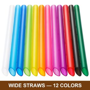 Angled Tips, 12 Pcs Wide Reusable Boba Straws with 4 Brushes & 1 Bag - Multi Colors Jumbo Smoothie Straws, BPA-Free Plastic for Bubble Tea (Tapioca, Boba Pearls), Milkshakes.