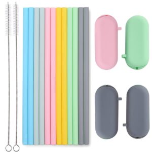 sunseeke silicone straws reusable - odorless, 12 standard drinking straws, 4 carry pouch, 2 cleaning brushes, certificated food grade platinum silicone - 8 1/2" long