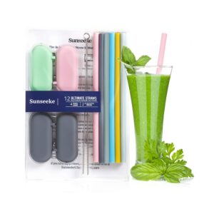 Sunseeke Silicone Straws Reusable - Odorless, 12 Standard Drinking Straws, 4 Carry Pouch, 2 Cleaning Brushes, Certificated Food Grade Platinum Silicone - 8 1/2" Long