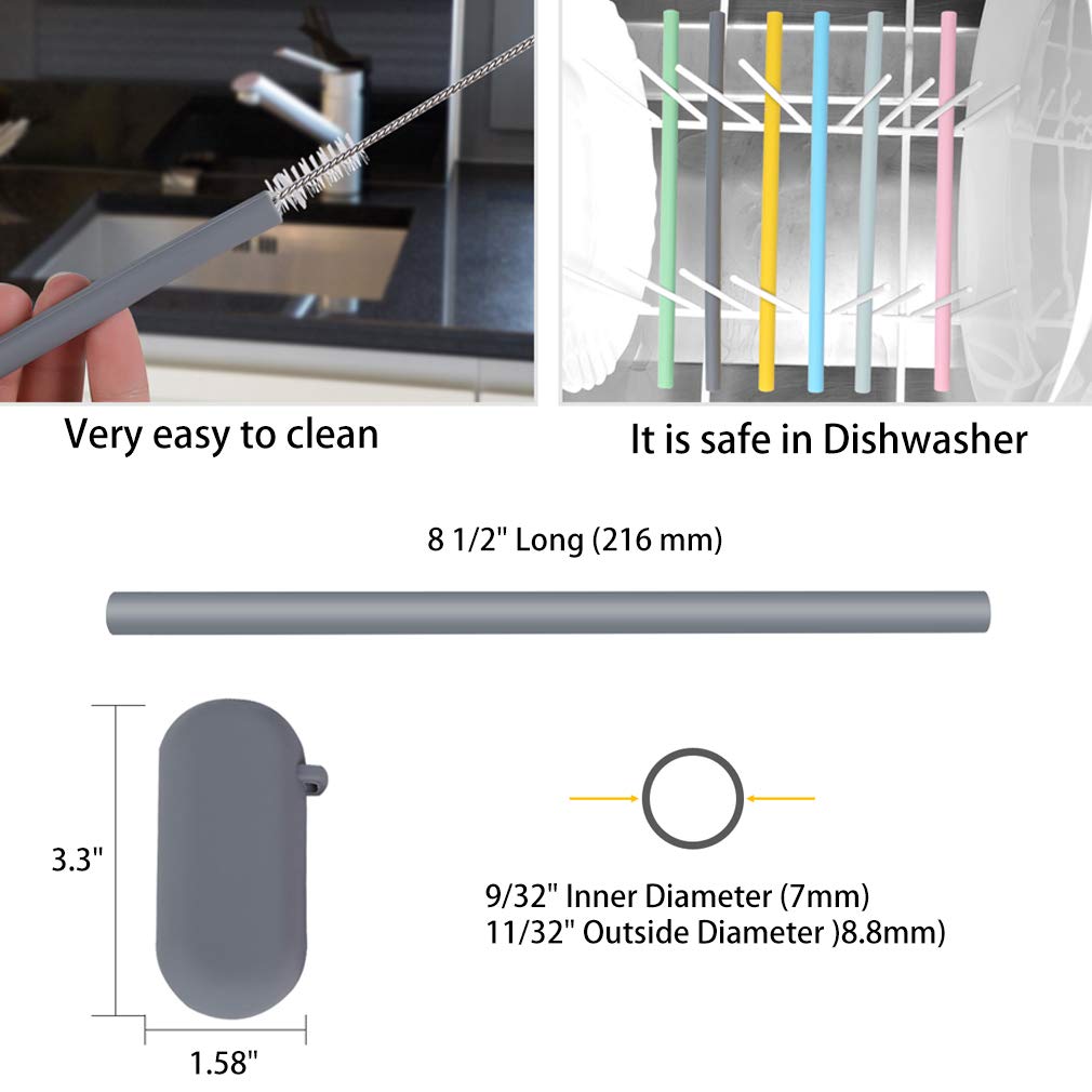 Sunseeke Silicone Straws Reusable - Odorless, 12 Standard Drinking Straws, 4 Carry Pouch, 2 Cleaning Brushes, Certificated Food Grade Platinum Silicone - 8 1/2" Long