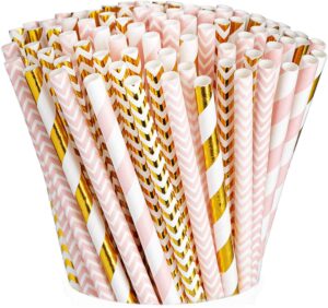 comfy package, [200 pack] pink & gold paper drinking straws 100% biodegradable multi-pattern party straws for birthday, wedding, bridal, baby shower, and holiday decoration