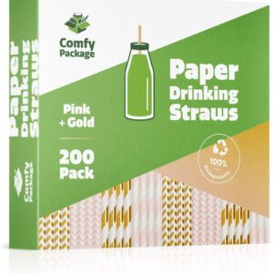 Comfy Package, [200 Pack] Pink & Gold Paper Drinking Straws 100% Biodegradable Multi-Pattern Party Straws For Birthday, Wedding, Bridal, Baby Shower, And Holiday Decoration