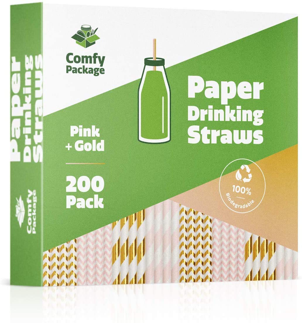 Comfy Package, [200 Pack] Pink & Gold Paper Drinking Straws 100% Biodegradable Multi-Pattern Party Straws For Birthday, Wedding, Bridal, Baby Shower, And Holiday Decoration