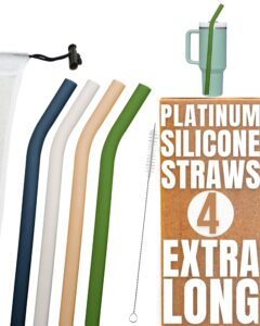 purifyou reusable silicone straws - extra long & wide (14.5 inch), set of 5 with silicone tips, portable travel case, & cleaning brush - compatible with 40oz stanley cups & tumblers