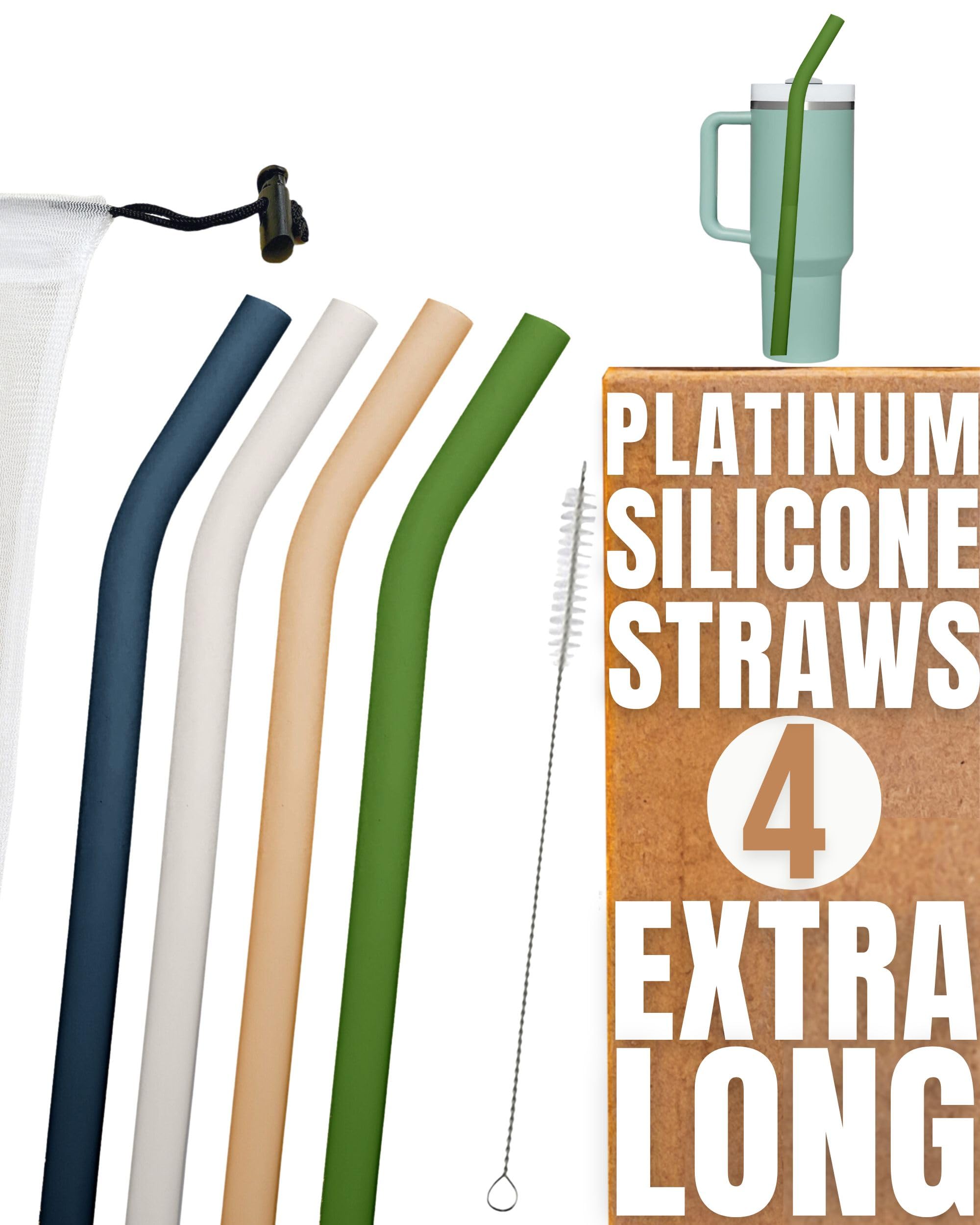 purifyou Reusable Silicone Straws - Extra Long & Wide (14.5 inch), Set of 5 with Silicone Tips, Portable Travel Case, & Cleaning Brush - Compatible with 40oz Stanley Cups & Tumblers