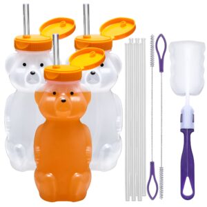 special supplies honey bear straw cup long straws, 3-pack squeezable therapy and special needs assistive drink container, spill proof and leak resistant lid