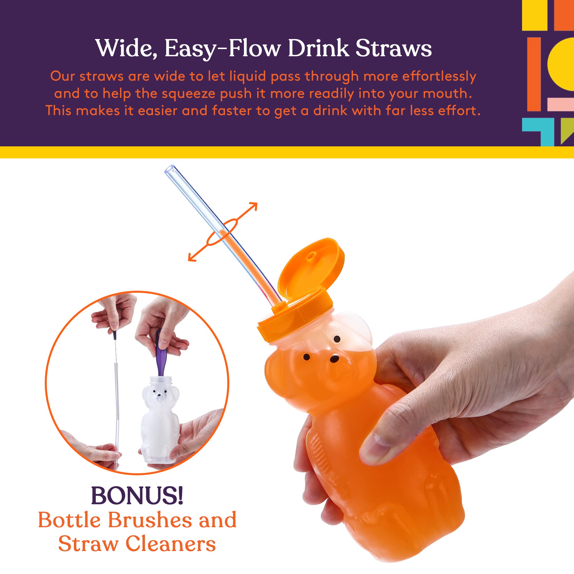 Special Supplies Honey Bear Straw Cup Long Straws, 3-Pack Squeezable Therapy and Special Needs Assistive Drink Container, Spill Proof and Leak Resistant Lid