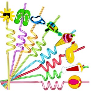 24 pieces beach theme reusable shape straws, drink straws beach ball pool summer birthday party favor decorations with 2 cleaning brushes 8 color straws