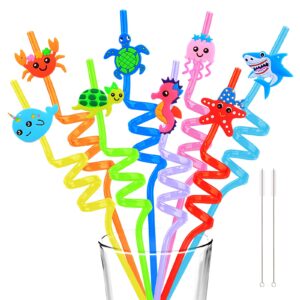 24 under the sea party favors crazy straws for kids, silly fun reusable straws, twisty curly kids plastic drinking straws with 2 brushes, sea animal ocean theme birthday party supplies goodie gifts