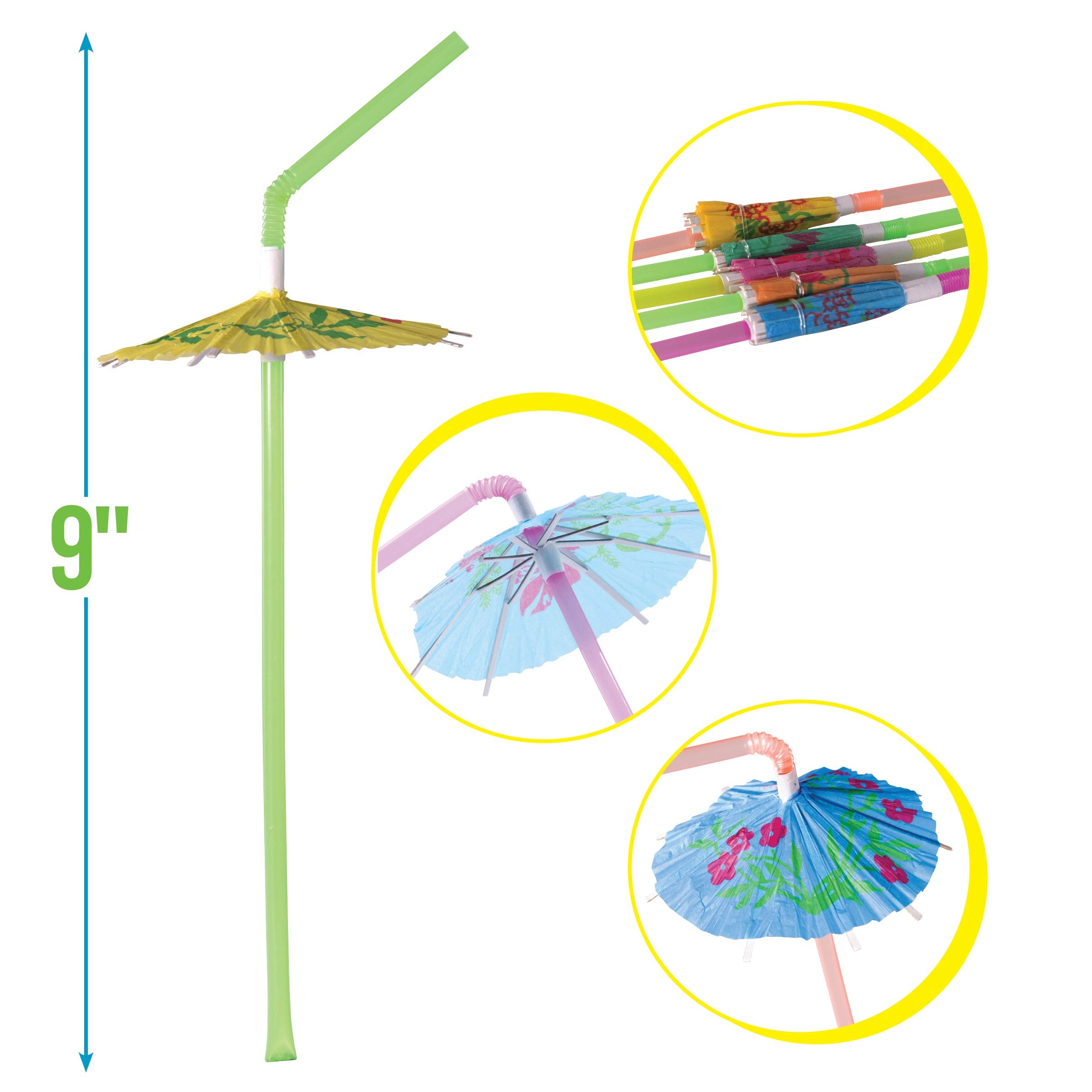 Prextex Umbrella Drinking Straws 200pcs - Flexible Straw, Bendable/Bendy Straws, Colored Long Plastic Straws, Disposable Plastic Straws, Colored Straws, Cocktail Straws, Umbrella Straws, Tumbler Straw