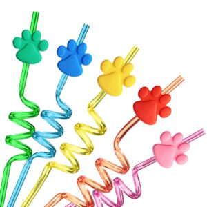 24 paw birthday party supplies paw print drinking straws with 2 pcs straws patrol cleaning brush for pet dog puppy pals cat birthday decorations favors