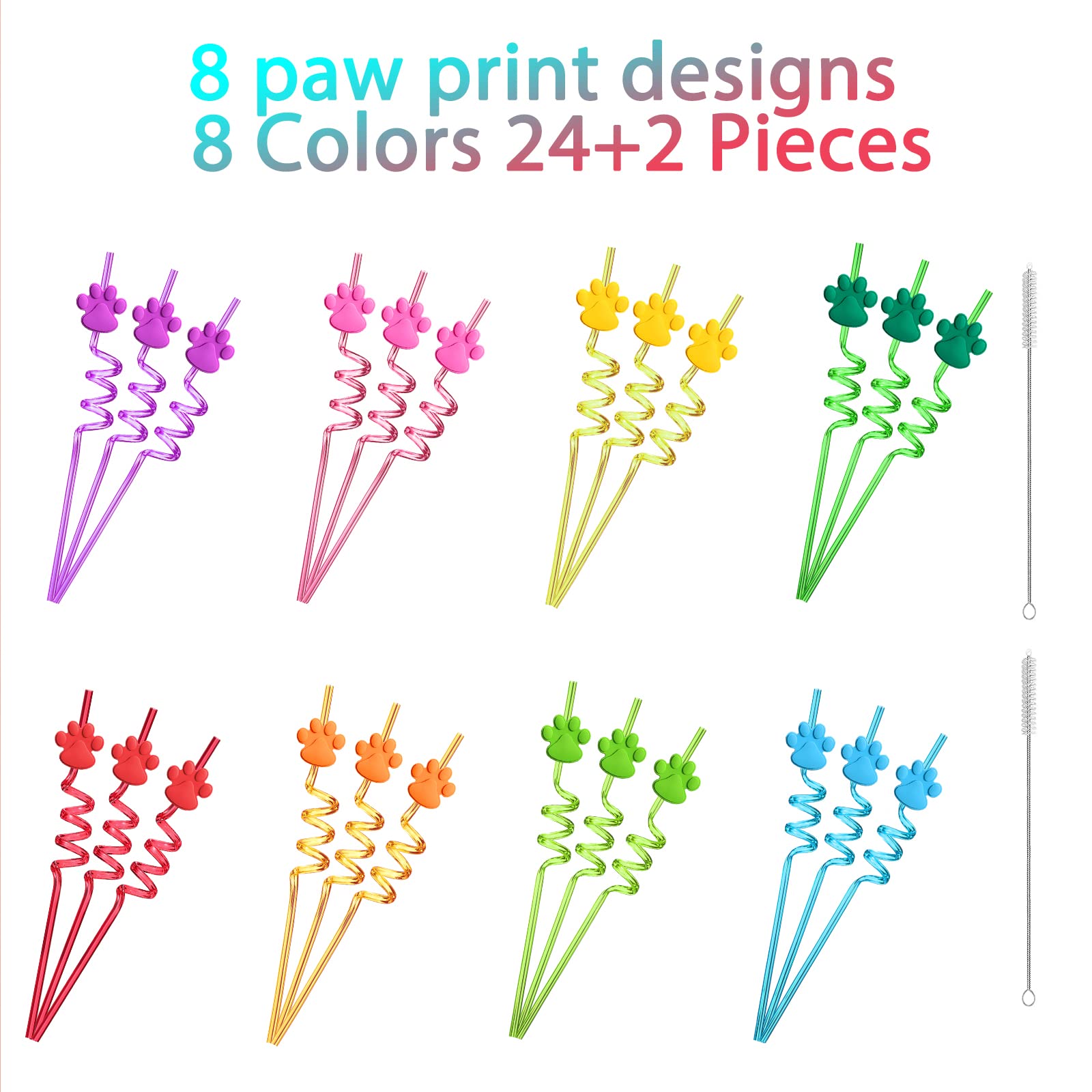 24 Paw Birthday Party Supplies Paw Print Drinking Straws with 2 PCS Straws Patrol Cleaning Brush for Pet Dog Puppy Pals Cat Birthday Decorations Favors