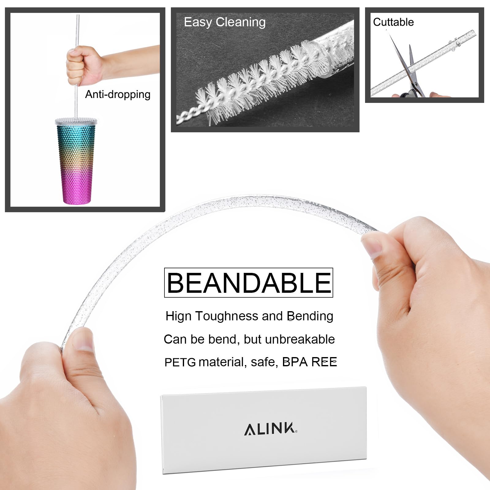 ALINK 12-Pack Reusable Clear Plastic Glitter Straws, 11" Long Hard Tumbler Replacement Straws for 20 OZ 30 OZ Stanley, Yeti/Rtic, Mason Jars with Cleaning Brush