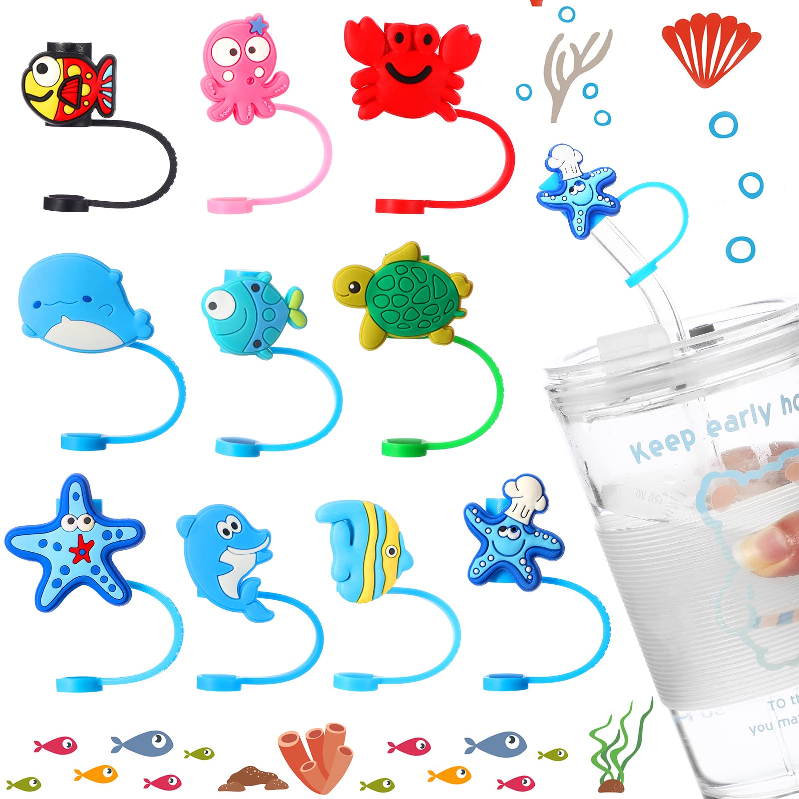 Silicone Drinking Straw Tips Cover/Lids/Topper/Plugs/Cap Reusable Cute Dust Proof for 6-8 mm Straws Outdoor Home Kitchen Party Decor (Aquatic Creature), 10 Pack