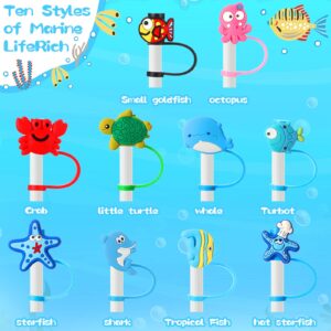 Silicone Drinking Straw Tips Cover/Lids/Topper/Plugs/Cap Reusable Cute Dust Proof for 6-8 mm Straws Outdoor Home Kitchen Party Decor (Aquatic Creature), 10 Pack