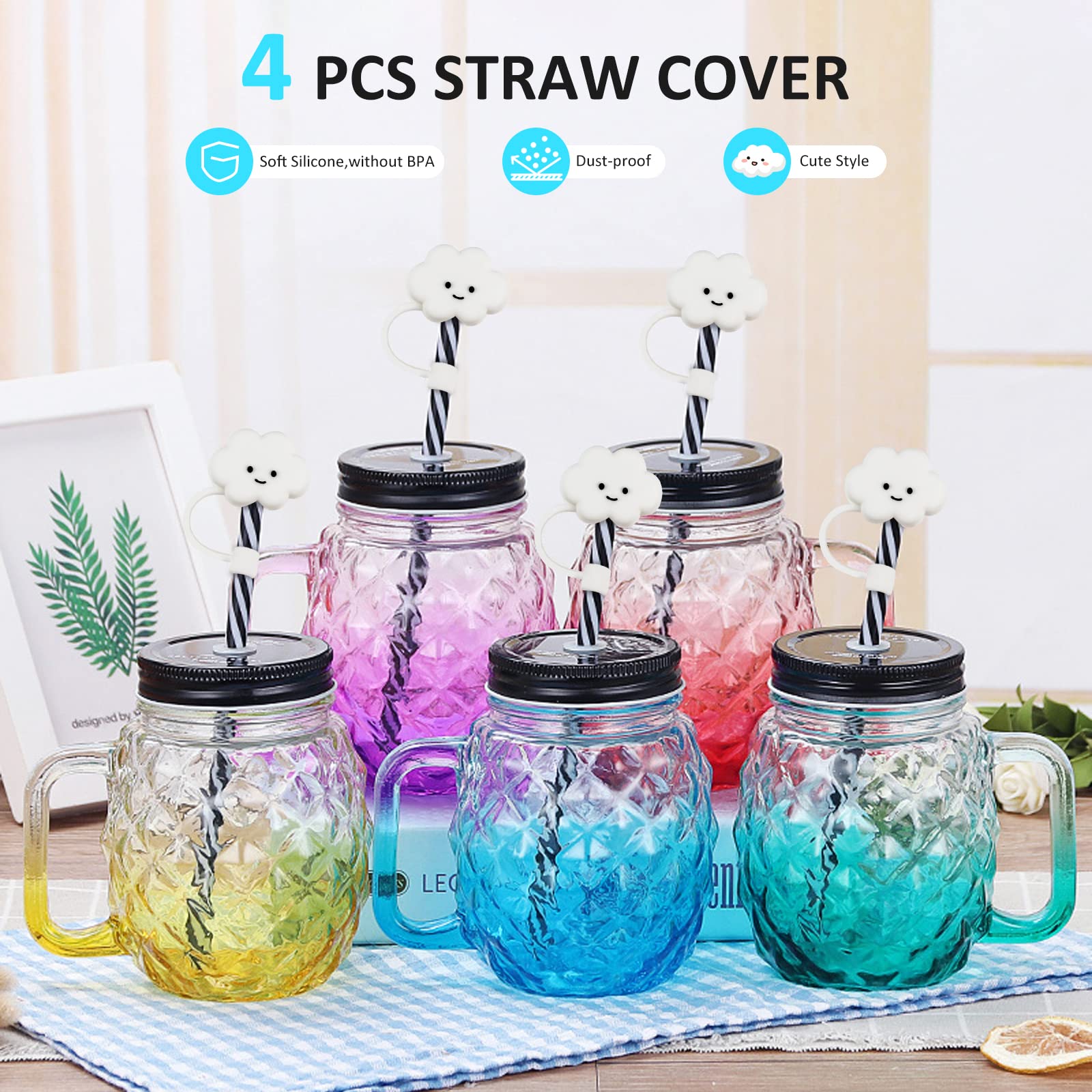 Bubbola 4Pcs Cloud Straw Tip Covers, Dust-Proof Straw Cap Toppers, Reusable Silicone Soft Protector Cover for 0.3 inch/8mm Straws