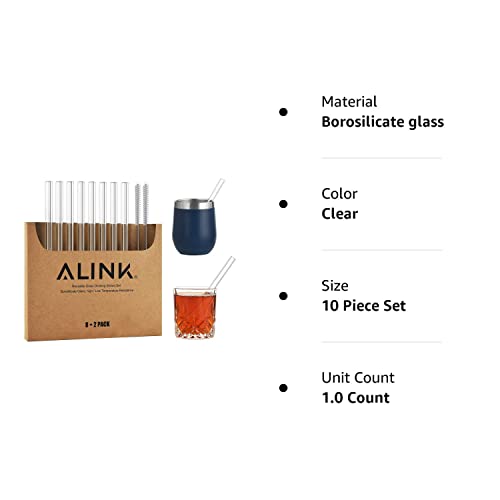 ALINK Short Glass Straws, 6 in x 10 mm Clear Straws for Cocktails, Whiskey, Coffee, Pack of 8 with Cleaning Brush