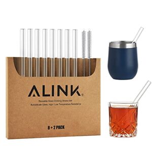 alink short glass straws, 6 in x 10 mm clear straws for cocktails, whiskey, coffee, pack of 8 with cleaning brush