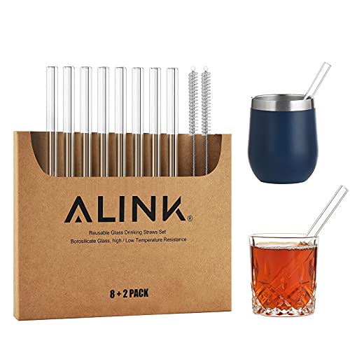 ALINK Short Glass Straws, 6 in x 10 mm Clear Straws for Cocktails, Whiskey, Coffee, Pack of 8 with Cleaning Brush