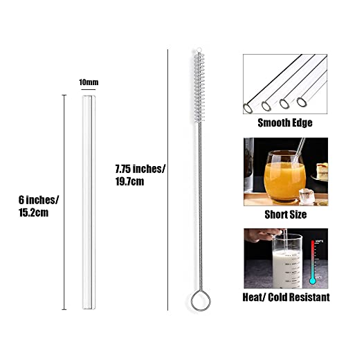 ALINK Short Glass Straws, 6 in x 10 mm Clear Straws for Cocktails, Whiskey, Coffee, Pack of 8 with Cleaning Brush