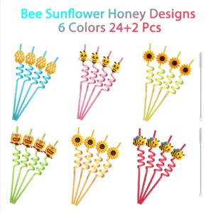 24 Bee Party Favors Bee Sunflower Honey Drinking Straws Goodie Gifts for Kids Birthday Party Supplies with 2 PCS Cleaning Brushes