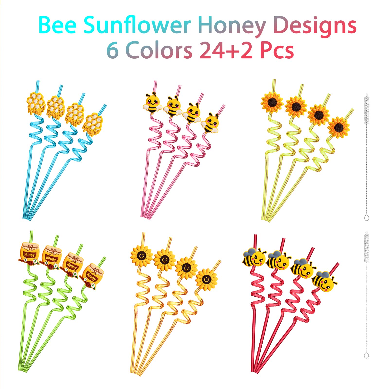 24 Bee Party Favors Bee Sunflower Honey Drinking Straws Goodie Gifts for Kids Birthday Party Supplies with 2 PCS Cleaning Brushes