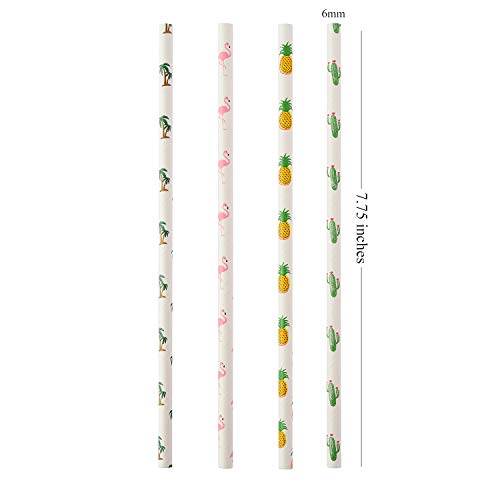 ALINK Hawaiian Tropical Party Paper Straws, Flamingo/Pineapple/Cactus/Coconut Tree Biodegradable Straws for Beach Cocktail Luau Decorations, Pack of 100