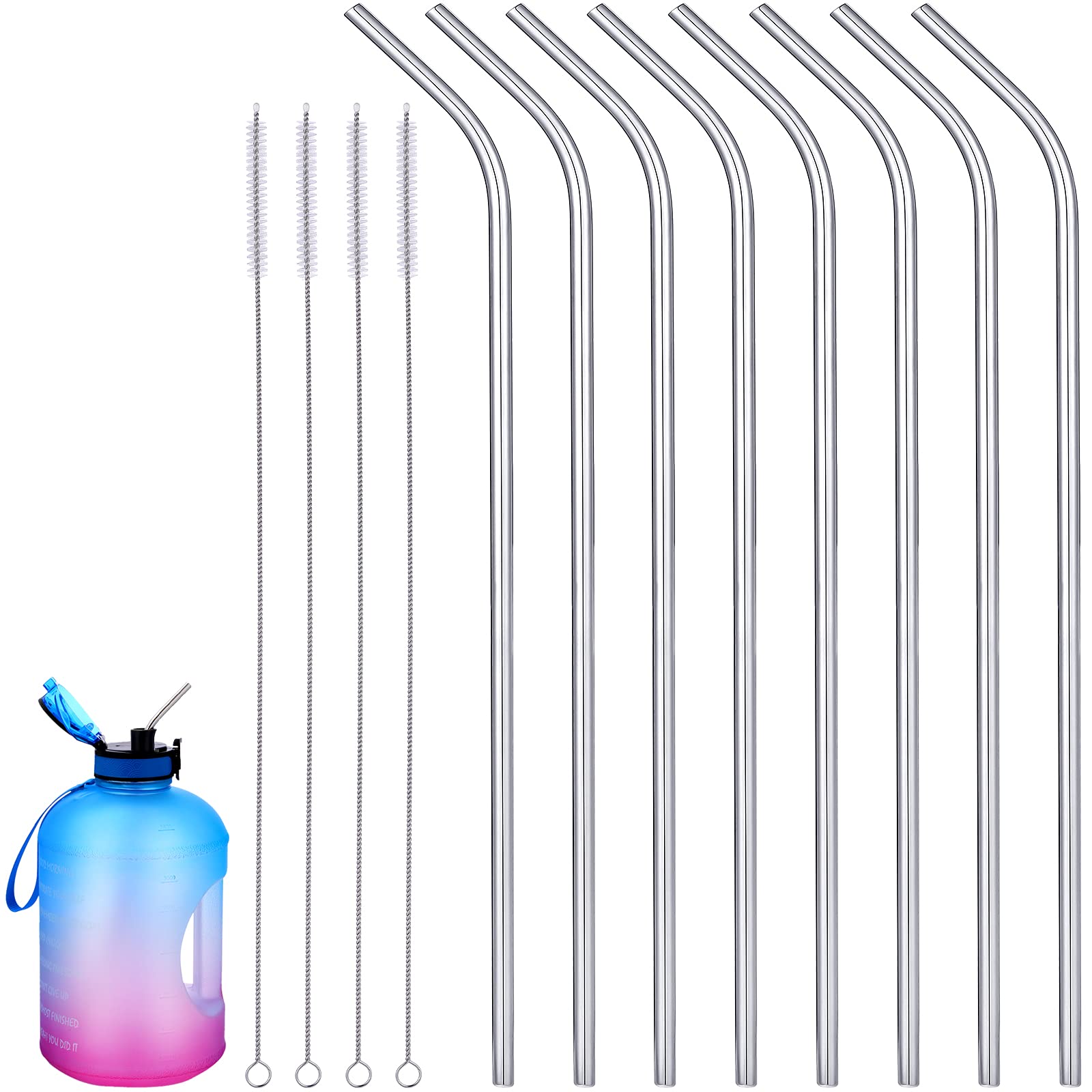 8 Pieces 14 Inch Stainless Steel Straws Long Drinking Straws for 100 oz Tumblers, Reusable Metal Drinking Straws Extra with 4 Pieces Cleaning Brush (Silver)