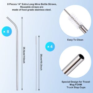 8 Pieces 14 Inch Stainless Steel Straws Long Drinking Straws for 100 oz Tumblers, Reusable Metal Drinking Straws Extra with 4 Pieces Cleaning Brush (Silver)