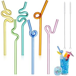 yinkin 6 pcs wavy glass straws reusable curved straw shatter resistant with 2 cleaning brushes clear silly high borosilicate for kids adults smoothies juice (colorful, 8 inch)