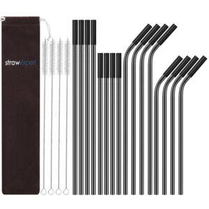 strawexpert 16 pack black reusable metal straws with black silicone tip & travel case & cleaning brush,long stainless steel straws drinking straw for 20 and 30 oz tumbler