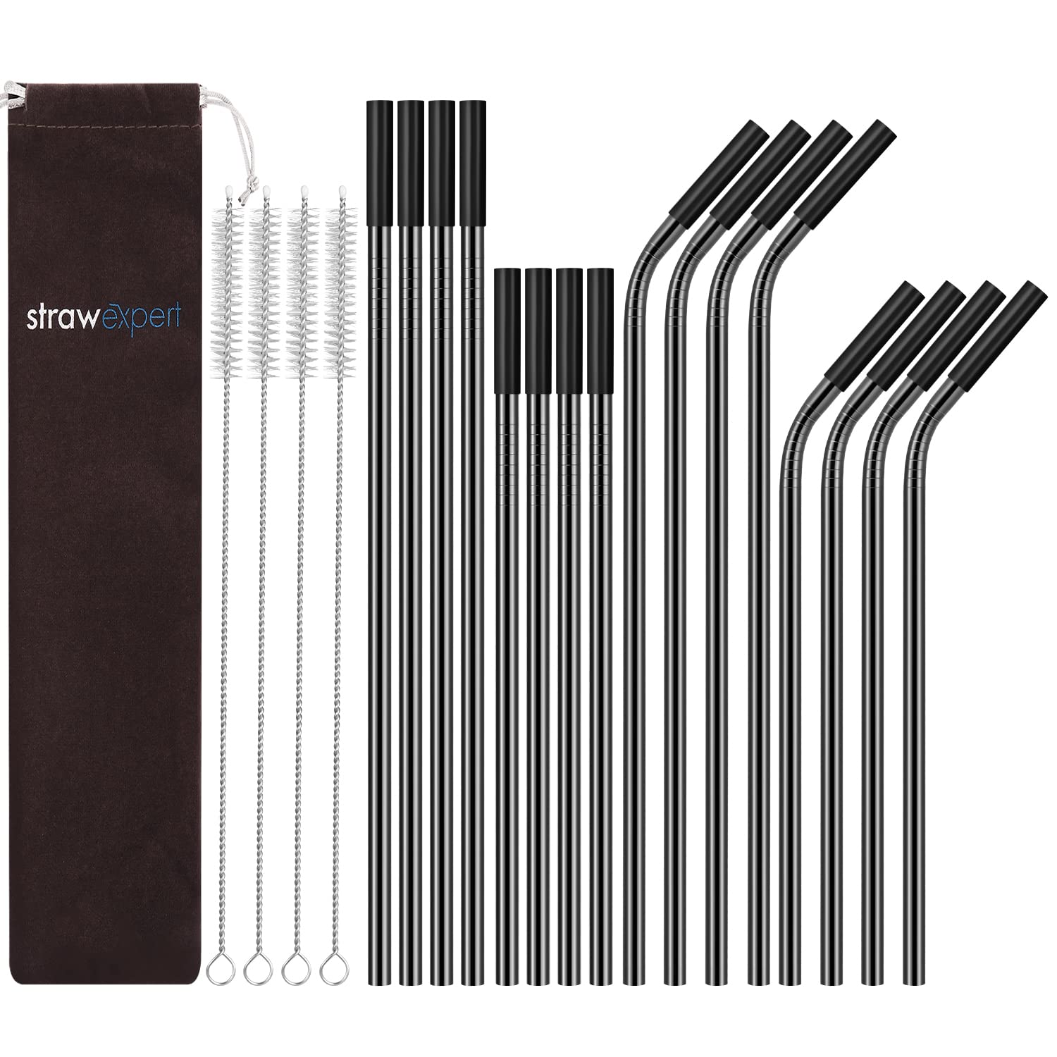 StrawExpert 16 Pack Black Reusable Metal Straws with Black Silicone Tip & Travel Case & Cleaning Brush,Long Stainless Steel Straws Drinking Straw for 20 and 30 oz Tumbler