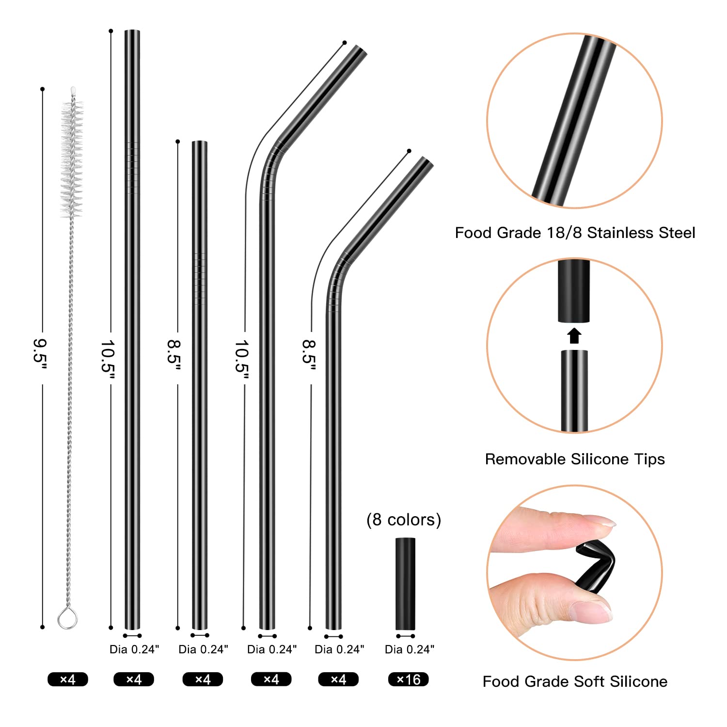 StrawExpert 16 Pack Black Reusable Metal Straws with Black Silicone Tip & Travel Case & Cleaning Brush,Long Stainless Steel Straws Drinking Straw for 20 and 30 oz Tumbler